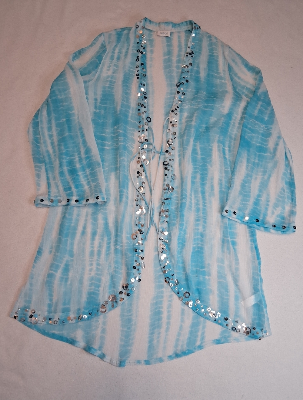 Resort Light Blue Tie-Dye Sequin Trim Kimono